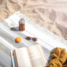 Load image into Gallery viewer, Open book, sunglasses, orange, and bottle on a patterned blanket with sand in the background