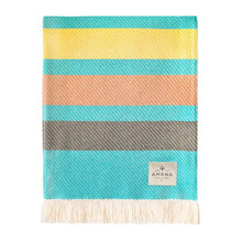 Load image into Gallery viewer, Teal blanket with yellow, orange, and brown horizontal stripes