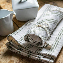 Load image into Gallery viewer, olive Vintage Ticking Tea Towel &amp; Dish Cloth Set no a table with cups

