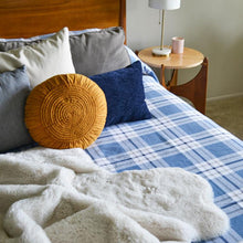 Load image into Gallery viewer, Light Blue Off the Grid Plaid Cotton Bed Blanket with pillows
