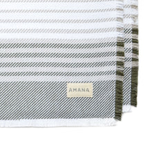 Load image into Gallery viewer, corner of sage/dark linen contempo placemat with Amana label
