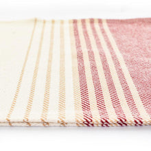 Load image into Gallery viewer, up close photo of burgundy/tan linen table runner
