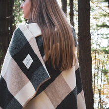 Load image into Gallery viewer, person wearing the Tan/Navy Big Roy Wool Throw Blanket
